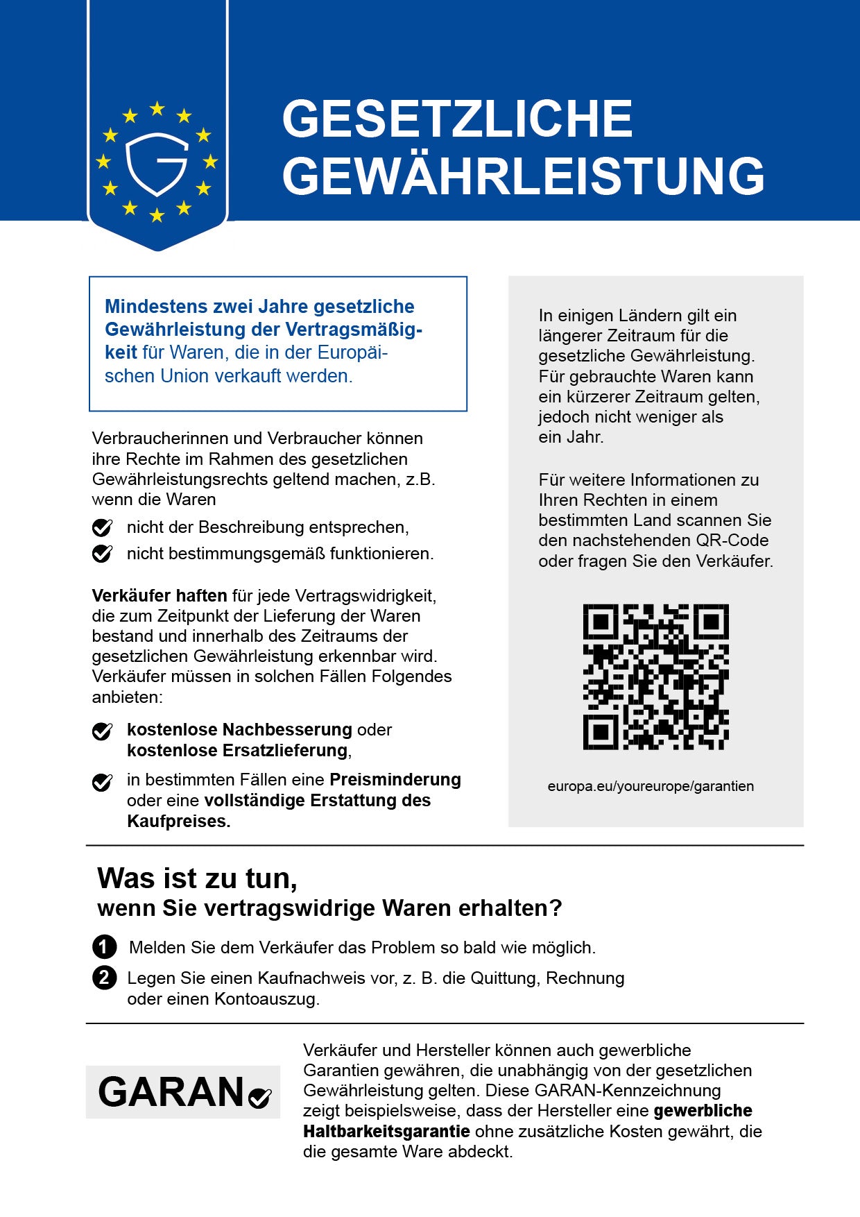 Gesetzliche Gewährleistung – EU-Hinweis zum gesetzlichen Gewährleistungsrecht für Waren